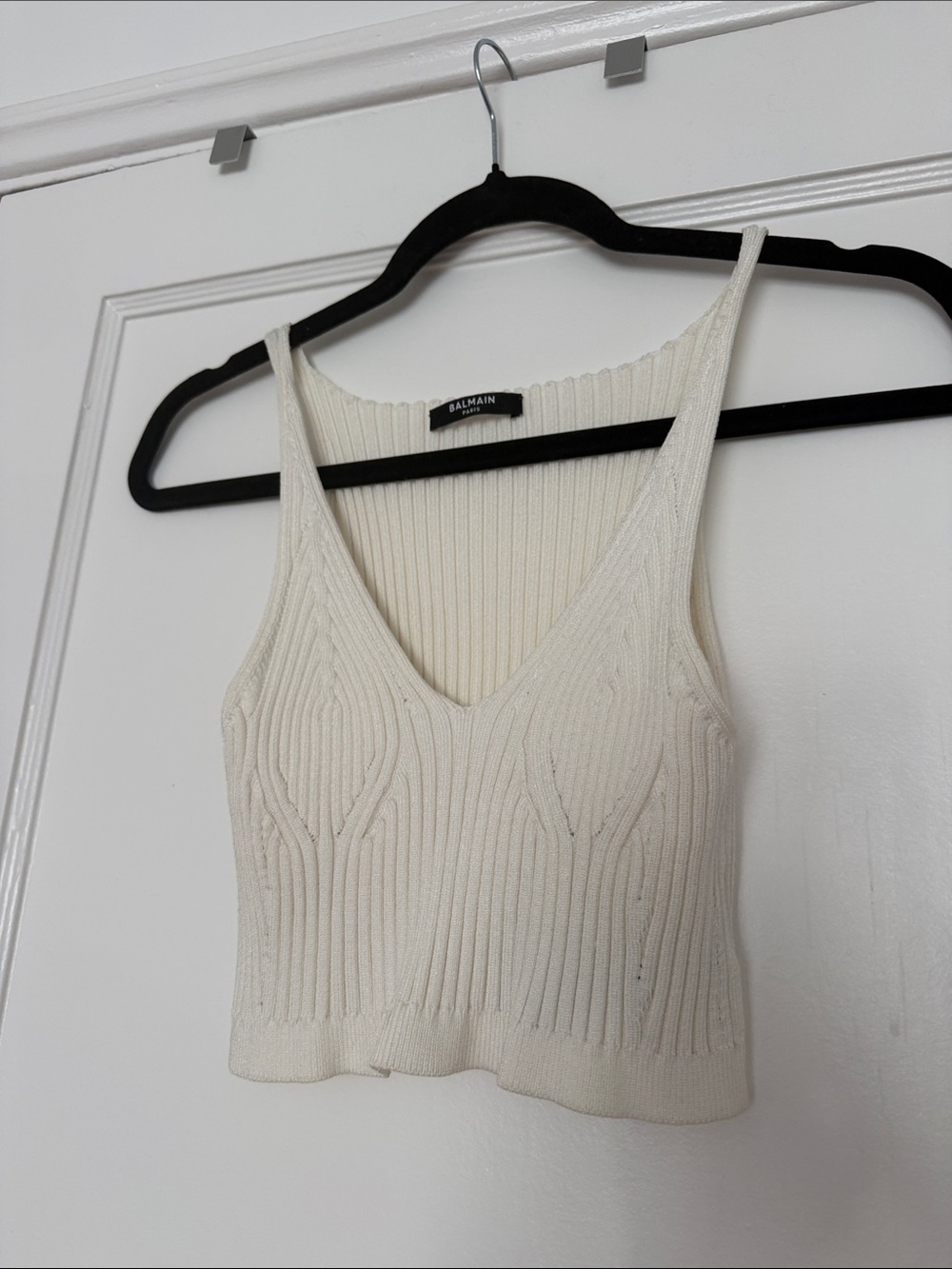 Balmain Cream Ribbed V-Neck Knit Crop Camisole
